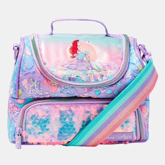 Mermaid character lunch bag with front zip, pastel ocean print, rainbow striped strap